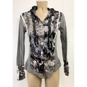 Dismero Italy Gray Shirt M Medium 35" Button Animal Print Rhinestones Ribbed